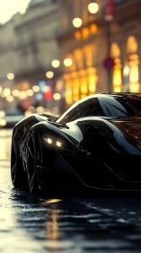 Low-slung black hypercar on wet city street, bokeh lights