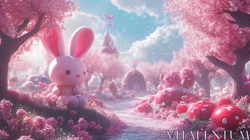 Cute pink bunny in whimsical cherry blossom fantasy world.