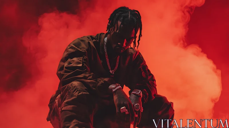 Rap artist crouching in red smoke with chains and rings.