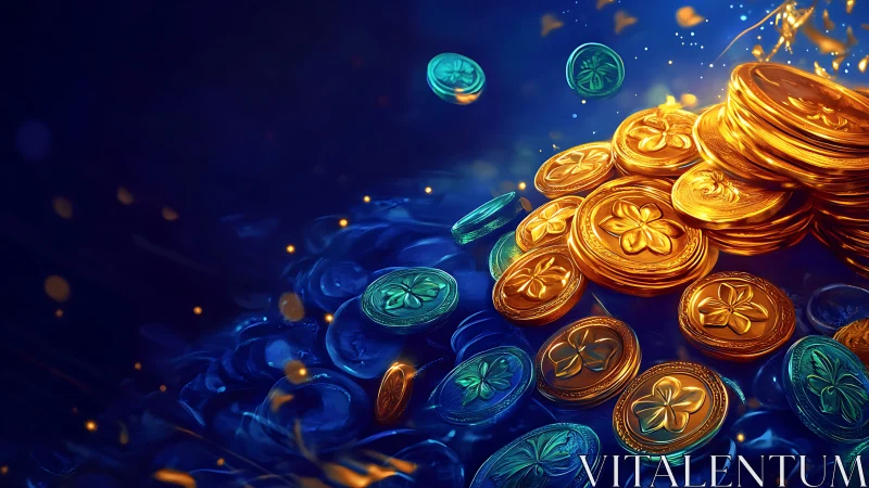 Luminous gold and teal coins scattered in glowing blue field.