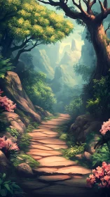 Misty forest valley with ancient trees framing distant mountains