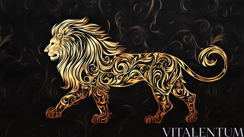 Gilded swirl-lion striding through midnight arabesques.