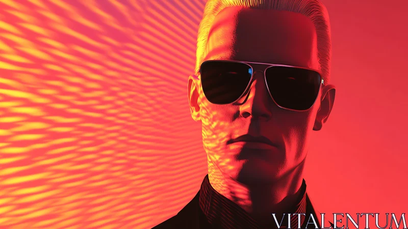 Cool neon stranger bathed in rippling sunset glow.