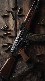 Assault rifle with wood stock and loose rounds on table.
