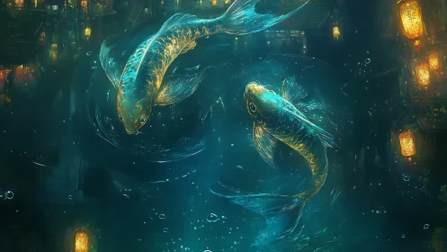 Glowing koi fish circle through lantern-lit midnight waters.