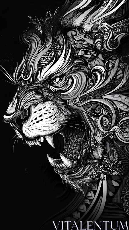 Ferocious ornate feline head in monochrome illustration.