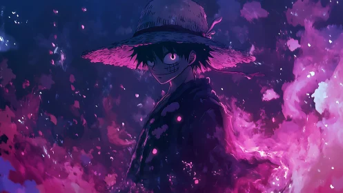 Backlit straw-hatted figure framed by magenta particulate energy field