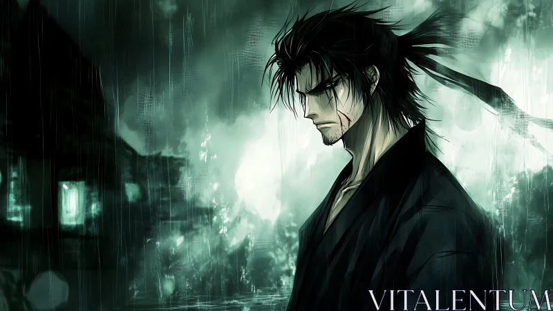 Rain-soaked katana veteran in high-contrast anime chiaroscuro.