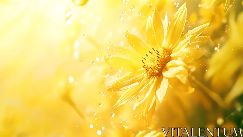 Yellow daisy flower in bright sunlight with water droplets
