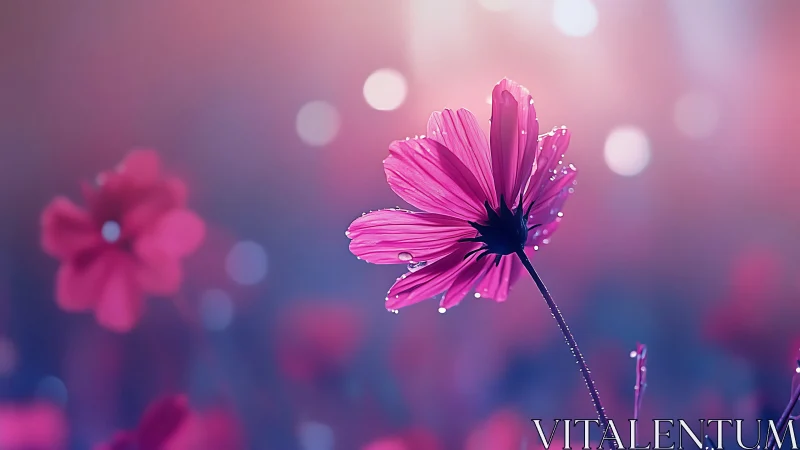 Backlit pink cosmos macro with dewdrops and creamy bokeh field