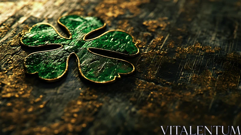 Emerald four leaf clover emblem on distressed gold surface.