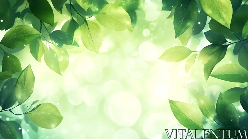 Sunlit green leaves frame soft bokeh forest background