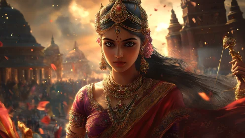 Regal warrior princess stands amid burning temple city.