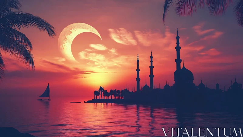 Crescent moon over coastal mosque at luminous crimson dusk.