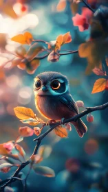 High-bokeh stylized songbird with volumetric light and soft DOF