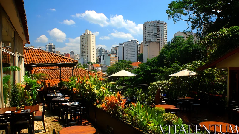 Rooftop dining terrace overlooks dense urban high rise skyline