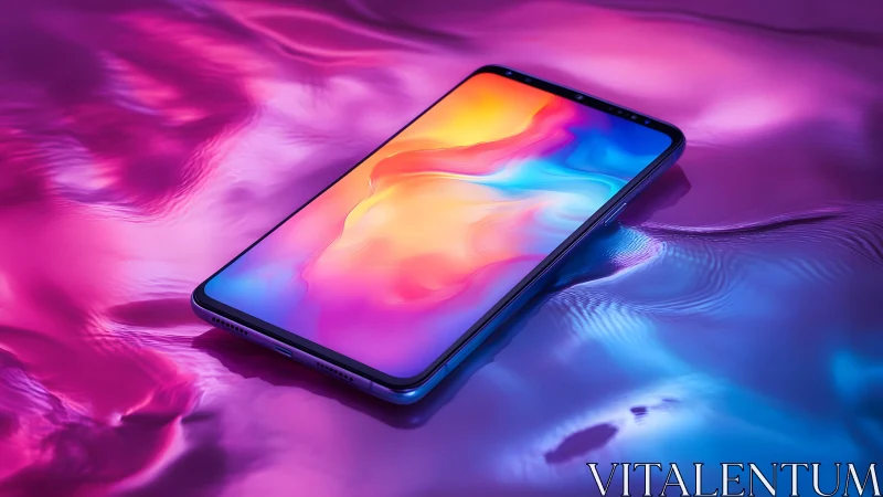 Modern smartphone on vibrant liquid surface, digital art style.