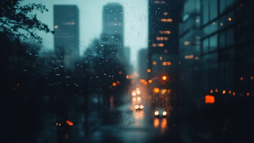Rainy city street viewed through wet window at dusk.