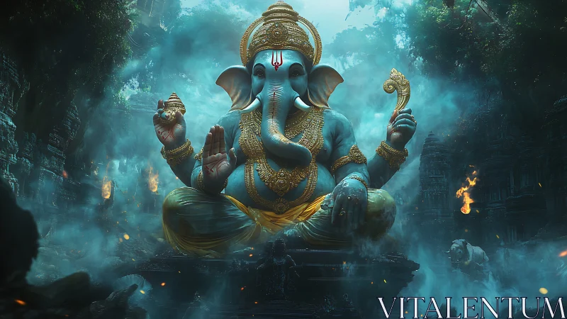 Mythic blue Ganesha rendered in atmospheric digital realism.