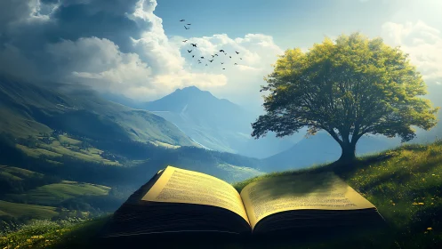 Open book on hillside with solitary tree and distant mountains.