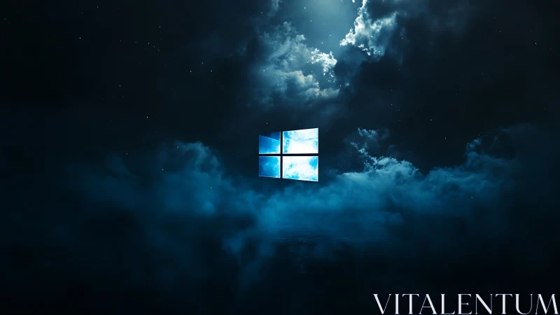 Windows logo glowing in dramatic blue night clouds.