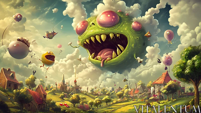 Floating cartoon monsters invade dreamy country village