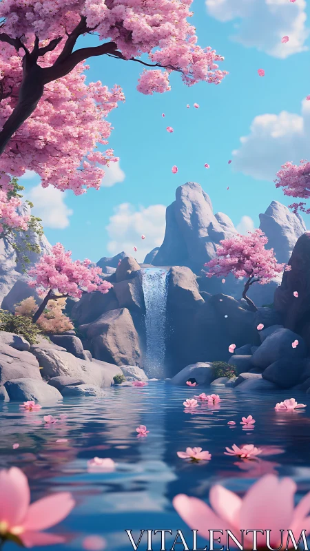 Digital landscape renders a rocky waterfall with blossom trees
