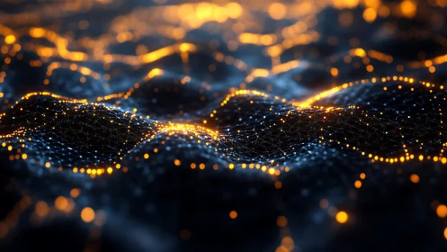 Volumetric particle network forms glowing procedural data waves