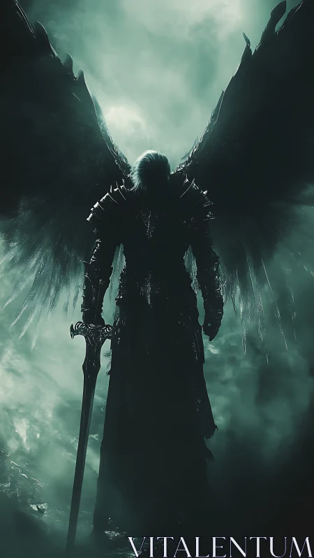 Winged dark guardian standing strong in misty twilight.