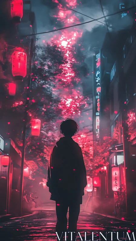 Silhouetted figure in neon alley under red lantern glow.