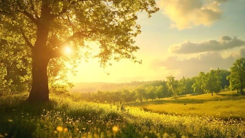 Backlit oak and meadow capture golden hour atmospheric light