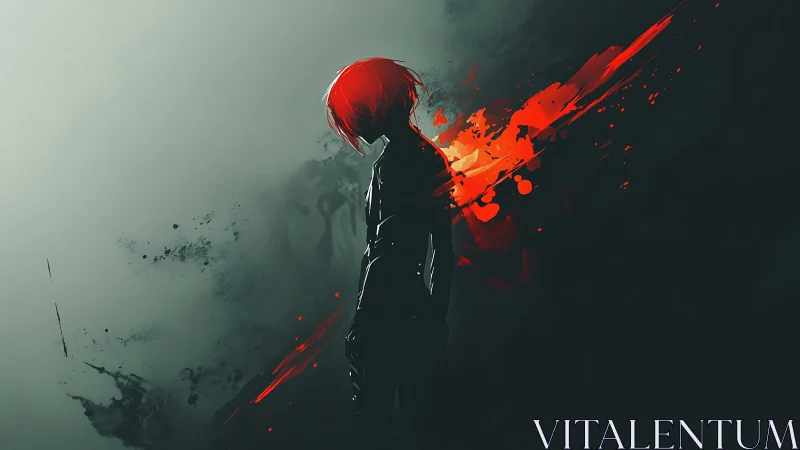 Scarlet-haired loner carved from shadow and wildfire paint.