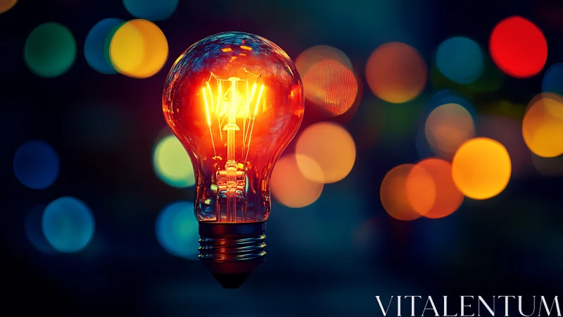 Glowing lightbulb over colorful bokeh night background.
