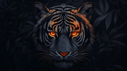 Tiger portrait with glowing orange eyes in dark foliage.