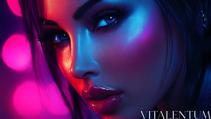 Neon lit digital portrait of female face in close focus.