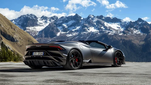 Matte gray supercar stands on alpine pass below rugged peaks