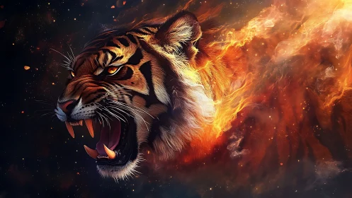Fiery tiger spirit roaring with bold cosmic energy.