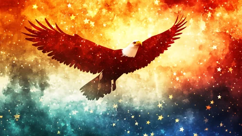 Bald eagle silhouette over multicolor starry sky background.