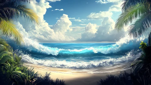 Sunlit tropical surf crashes onto a secluded palm beach