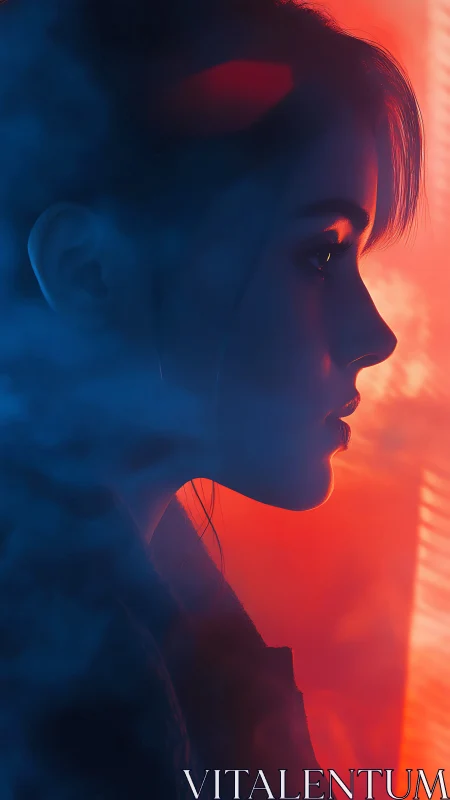 Side profile silhouette in red and blue gradient lighting.