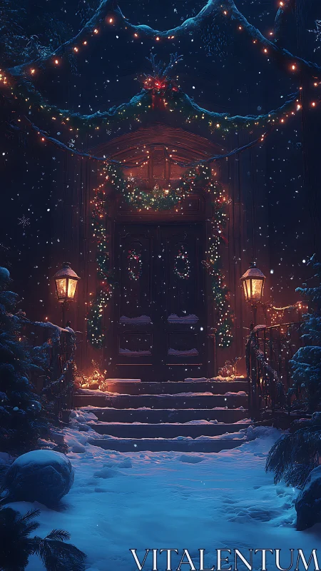 Snowy holiday doorway glows warmly with festive winter lights