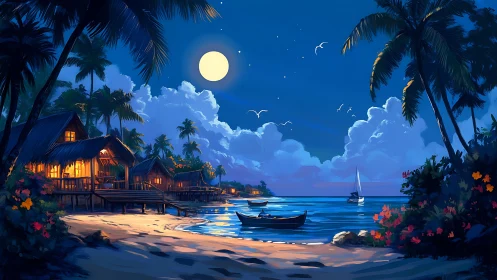 Tropical Beach Haven Under Moonlight.