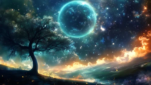 Lone silhouetted tree under luminous ringed celestial sky.
