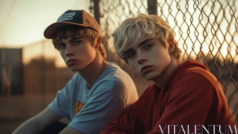 Two teenage boys sit by chain-link fence at sunset