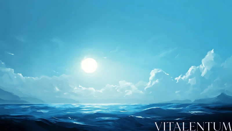 Sunlit ocean horizon under expansive cyan sky.