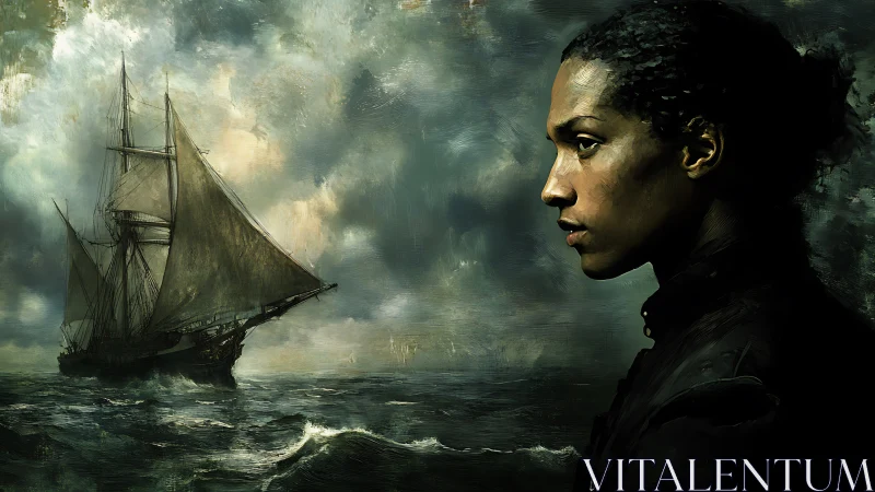 Storm-lit voyager gazing toward a restless, painted sea.