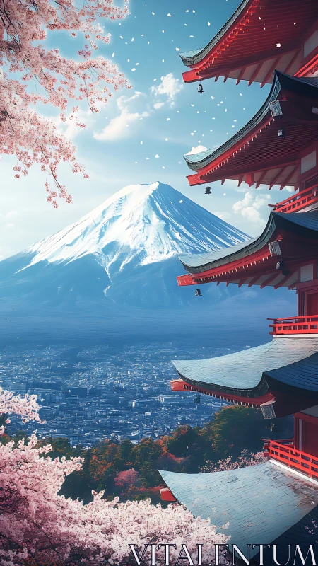Mount Fuji rises beyond vermilion pagoda and cherry blossom
