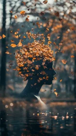 Whispered autumn silhouette drifts into swirling golden leaves