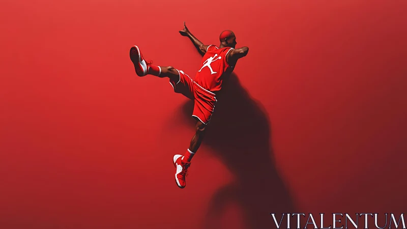 Basketball player soars midair against bold red backdrop