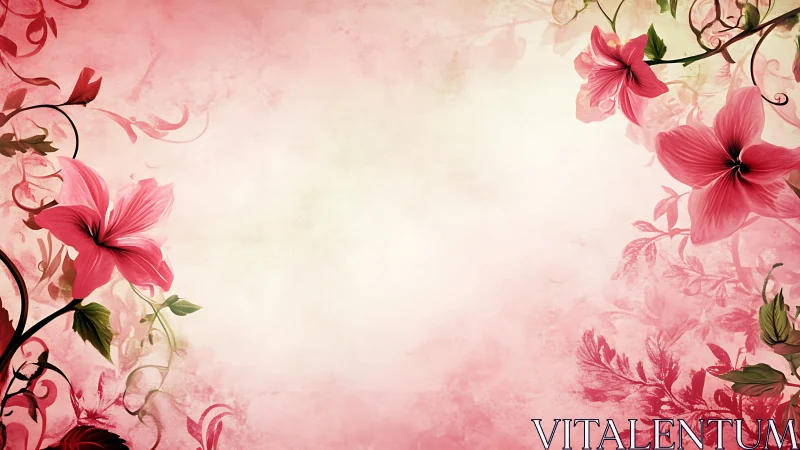 Pink floral composition with symmetrical botanical border arrangement.